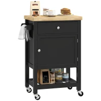 HOMCOM Carrello da Cucina su Ruote, Carrello di Servizio con Piano in Legno di Hévéa e Cassetto, 63,5x40x90 cm, Nero(m-8)