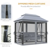 Outsunny 3 Seater Swing Chair 3-in-1 Convertible Garden Swing Seat Bed Gazebo Patio Bench Outdoor with Double Tier Canopy, Cushioned Seat, Mesh Sidewalls, Grey(m-7)