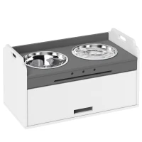 PawHut Gamelle surélevée avec armoire de rangement, 2 bols avec anneaux antidérapants, 60 x 30 x 35,5 cm, Blanc(m-7)
