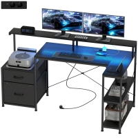 HOMCOM Bureau gaming en L avec LED et prises, avec support double écran, 165x80x91,5 cm, aspect bois noir