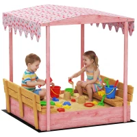 AIYAPLAY Sandkasten für Kinder 3-6 Jahre mit Flamingo-Überdachung, klappbare Sitzbänke, Deckel und Einsatz, Sandkasten aus Fichtenholz, 134.5x127.5x130 cm, Rosa(m-7)
