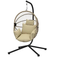 Outsunny Fauteuil Œuf Suspendu, Chaise Hamac Balançoire Intérieur et Extérieur, Panier Pliable, Coussin Rembourré, Kaki(m-1)