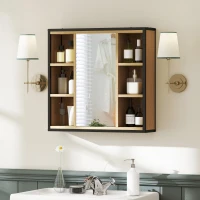 HOMCOM Specchiera bagno da parete con 6 scomparti e ripiano regolabile, Rovere(m-4)