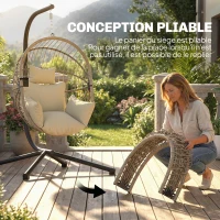 Outsunny Fauteuil Œuf Suspendu, Chaise Hamac Balançoire Intérieur et Extérieur, Panier Pliable, Coussin Rembourré, Kaki(m-5)