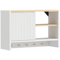HOMCOM Armario mural de baño, mueble de almacenamiento para baño con puerta, estantes abiertos y 5 ganchos(m-1)