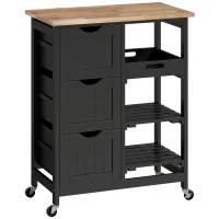 HOMCOM Carro de Cocina Carrito Auxiliar con Ruedas con 3 Cajones 2 Estantes Abiertos y Bandeja Extraíble 67x37x85,5 cm Negro(m-1)