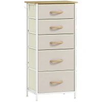 HOMCOM Cómoda de dormitorio con 5 cajones de tela, tirantes de acero, superficie de madera, 4 bolsillos de almacenamiento, 2 ganchos, beige(m-1)