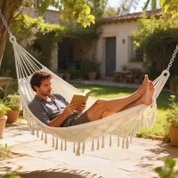 Outsunny Boho-Außenhängematte, Hängematte für den Garten zum Aufhängen mit Fransen und Tragetasche extra groß 288 x 150 cm, Beige(m-2)