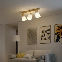 HOMCOM Lampadario da Soffitto con 3 Punti Luce Regolabili a 90° e Attacchi E27, Colore Legno(m-2)