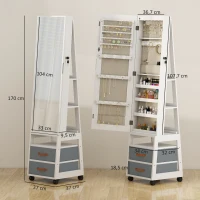 HOMCOM Miroir-coffre à bijoux avec LED intérieures Roulettes Pivotante 360° Étagères ouvertes Tiroirs en tissu Blanc(m-3)