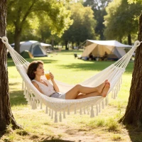 Outsunny Boho-Außenhängematte, Hängematte für den Garten zum Aufhängen mit Fransen und Tragetasche extra groß 288 x 150 cm, Beige(m-6)