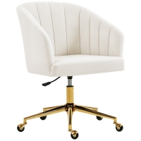 HOMCOM Chaise de bureau aspect velours, rembourrage en mousse, réglable en hauteur, à roulettes, base en acier, Blanc crème