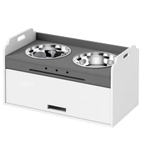 PawHut Gamelle surélevée avec armoire de rangement, 2 bols avec anneaux antidérapants, 60 x 30 x 35,5 cm, Blanc(m-1)