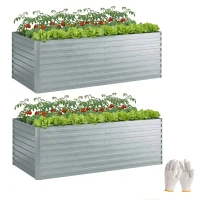 Outsunny Set van 2 Gegalvaniseerde Verhoogde Plantenbakken, 180 x 90 x 60 cm, Metalen Plantenbakken met Veilige Rand, Zilver(m-11)