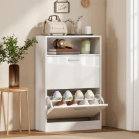 HOMCOM Schuhschrank 8 Paar, Schuhschrank, 2 Klapptüren, verstellbare Ablagen und Fach, weiß(m-6)