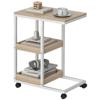 HOMCOM Table d'appoint en forme de C avec roulettes, étagères ouvertes et cadre en acier pour salon, chambre, 51x33x66 cm, Naturel et Blanc(m-6)