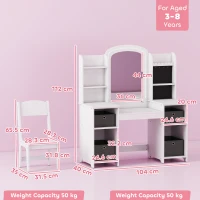 AIYAPLAY Toeletta per Bambini con Sgabello e Specchio LED, Tavolo trucco per 3–8 anni, 104x40x112 cm, Bianco(m-3)