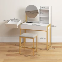 HOMCOM Schminktisch mit Spiegel und Hocker, Ladestation, Schminktisch mit 2 Schubladen, 3 offenen Regalen, weiß(m-3)