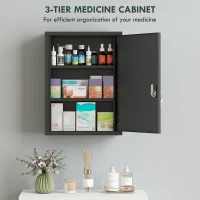 kleankin Apteczka ścienna z zamkiem, 3-poziomowa stalowa szafka na ścianę, 40 x 15 x 53,5 cm, czarna(m-5)