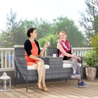 Outsunny Gartenbank aus geflochtenem Resin 2 Plätze mit Tisch und Kissen - 135 x 64 x 81 cm - für Balkon und Terrasse schwarz(m-4)