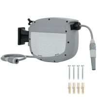 Outsunny Einziehbarer Schlauchaufroller 10+1 m mit 2‑facher Düse Automatische Arretierung und kontrollierter Rückzug Halter Grau(m-7)