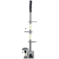 PawHut Tiragraffi pavimento-soffitto regolabile 225-255 cm con piattaforme, Grigio(m-7)
