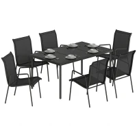 Outsunny 7-tlg. Außen-Set aus Stahl mit 6 stapelbaren Texteline-Stühlen und Beistelltisch mit Glasplatte, Schwarz(m-7)