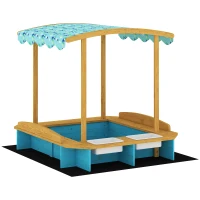 AIYAPLAY Sandkasten aus Holz mit Dach 3 Bänke 2 PP-Boxen Unterlage für Kinder 3-6 Jahre 128x118x121 cm Blau(m-1)
