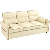 HOMCOM Canapé 3 places en similicuir avec rembourrage épais, poche latérale et 2 coussins, 190x83x90 cm, Beige(m-1)
