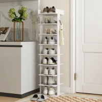 HOMCOM Estante para Sapatos 9 Níveis Organizador de Sapatos em Madeira com Bandeja Superior e 2 Ganchos, para Entrada, Branco(m-2)