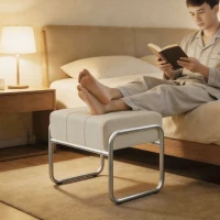 HOMCOM Repose-pieds pouf épais rembourré pouf en tissu chenille pieds en acier pour chambre, beige(m-4)