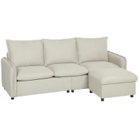 HOMCOM 3-Sitzer-Sofa mit Stauraum-Hocker, modulares Ecksofa 212 cm, Taschenfeder-Kissen, Leinenstoff, creme(m-1)