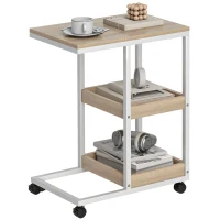 HOMCOM Table d'appoint en forme de C avec roulettes, étagères ouvertes et cadre en acier pour salon, chambre, 51x33x66 cm, Naturel et Blanc(m-1)