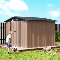 Outsunny Metallschuppen 305 x 245 cm, robuster Gartenschuppen mit 4 Lüftungsöffnungen und Doppeltüren mit Schloss, Braun(m-4)