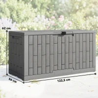 Outsunny Cofre de jardín 379 litros Impermeable Cerrable Resistente a los rayos UV Cofre para cojines con aspecto de madera para jardín 122,5x56x62cm Gris(m-3)