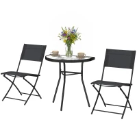 Outsunny Outdoor-Bistro-Set, 3-teiliges Terrassenmöbel mit klappbaren Stühlen und halbkreisförmigem Glastisch, Schwarz(m-7)