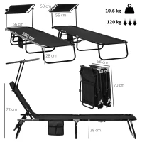 Outsunny Set de 2 chaises longues pliantes, chaise de jardin avec pare-soleil, dossier réglable en 5 positions Noir(m-3)