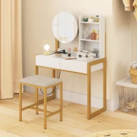 HOMCOM Schminktisch mit Spiegel und Hocker, Ladestation, Schminktisch mit 2 Schubladen, 3 offenen Regalen, weiß(m-6)