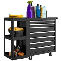 HOMCOM Chariot d'atelier chariot d'outils avec 7 tiroirs étagère latérale amovible 4 roulettes avec frein, 96x33,5x75cm, Noir(m-6)