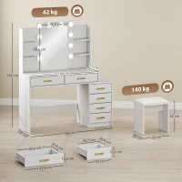 HOMCOM Coiffeuse avec miroir éclairé et tabouret rembourré, ensemble maquillage avec 6 tiroirs et étagères, Blanc(m-3)