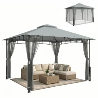Outsunny Gartenzelt mit Doppeldach Gartenpavillon mit Netzwänden UPF50+ für Außenbereich Terrasse 360x300x275 cm Grau(m-7)