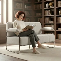 HOMCOM Canapé 2 places moderne revêtu en chenille beige, en acier, mousse et panneau multiplis, 120x73x76 cm(m-2)