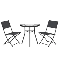 Outsunny Outdoor-Bistro-Set, 3-teiliges Terrassenmöbel mit klappbaren Stühlen und halbkreisförmigem Glastisch, Schwarz(m-1)