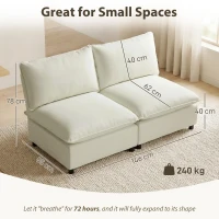 HOMCOM Canapea 2 locuri modulară, canapea de living modernă 146 cm fără brațe cu șezut larg, perne groase, crem(m-3)