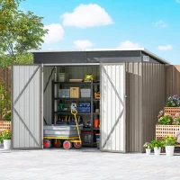 Outsunny Metall-Gartenhaus Außenschuppen dreifach verriegelbare Türen Schrägdach Belüftung 234x132x185cm grau(m-6)