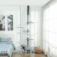 PawHut Tiragraffi pavimento-soffitto regolabile 225-255 cm con piattaforme, Grigio(m-3)