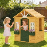 AIYAPLAY Casita infantil de madera para exterior con puerta 3 ventanas 2 jardineras para niños de 3-8 años 134,5 x 97 x 150 cm Marrón(m-2)