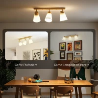 HOMCOM Lampadario da Soffitto con 3 Punti Luce Regolabili a 90° e Attacchi E27, Colore Legno(m-6)