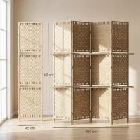 HOMCOM Raumteiler 4 Paneele 2 klappbare Ablagen Naturstroh(m-3)