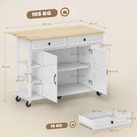 HOMCOM Isola da Cucina con 2 Cassetti 6 Ripiani Aperti, 2 Ante con Chiusura Ammortizzata, 120x65x89 cm, Bianco(m-3)